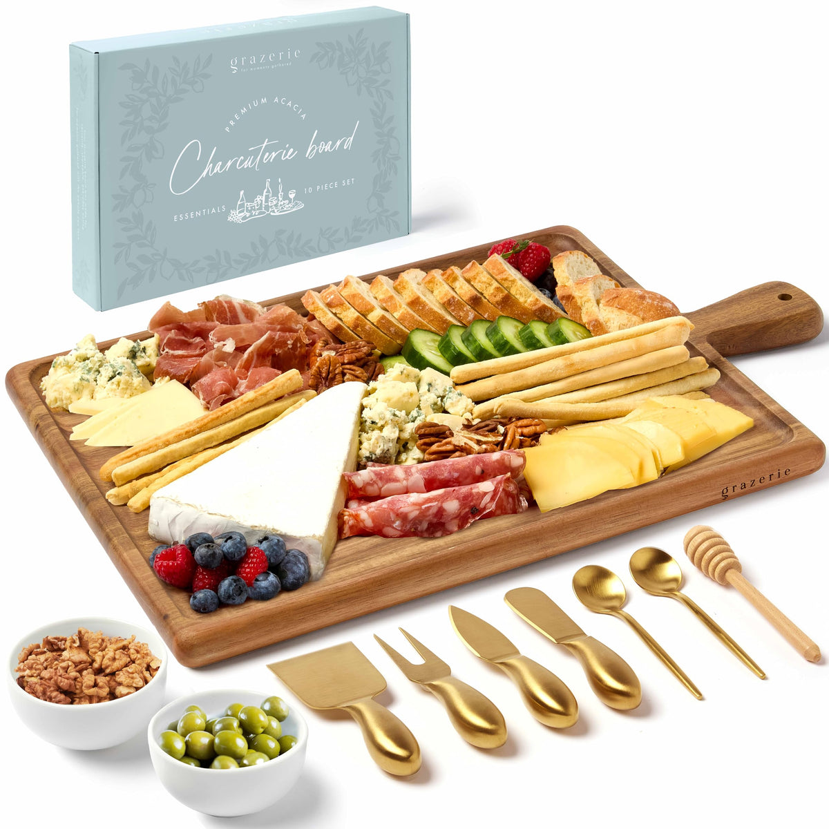 Grazerie tablero-charcutería acacia detalle muestra veta cálida para presentaciones elegantes