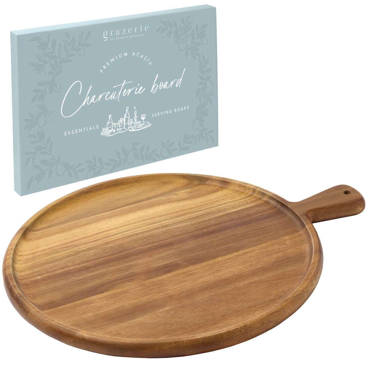 Grazerie tablero charcutería redondo de acacia, ideal para servir aperitivos en reuniones.
