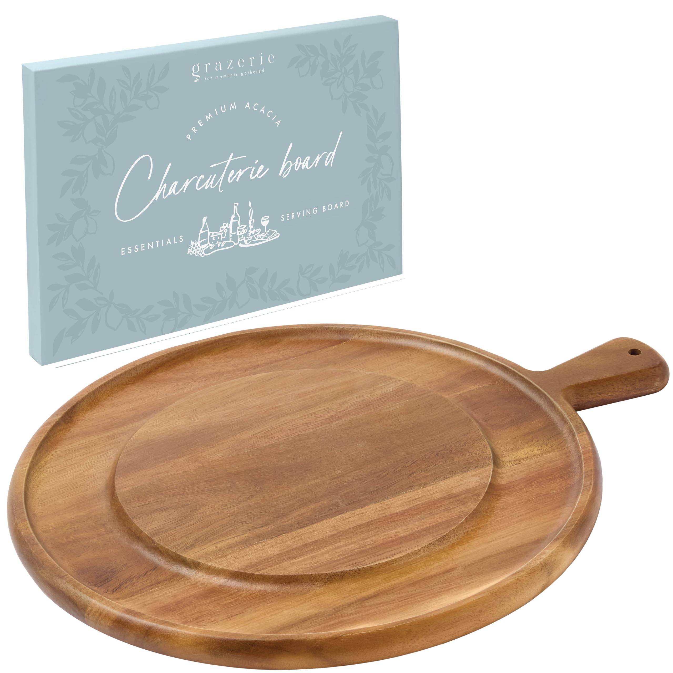 Grazerie tablero charcuterie redondo de acacia para quesos y embutidos, elegante y práctico.