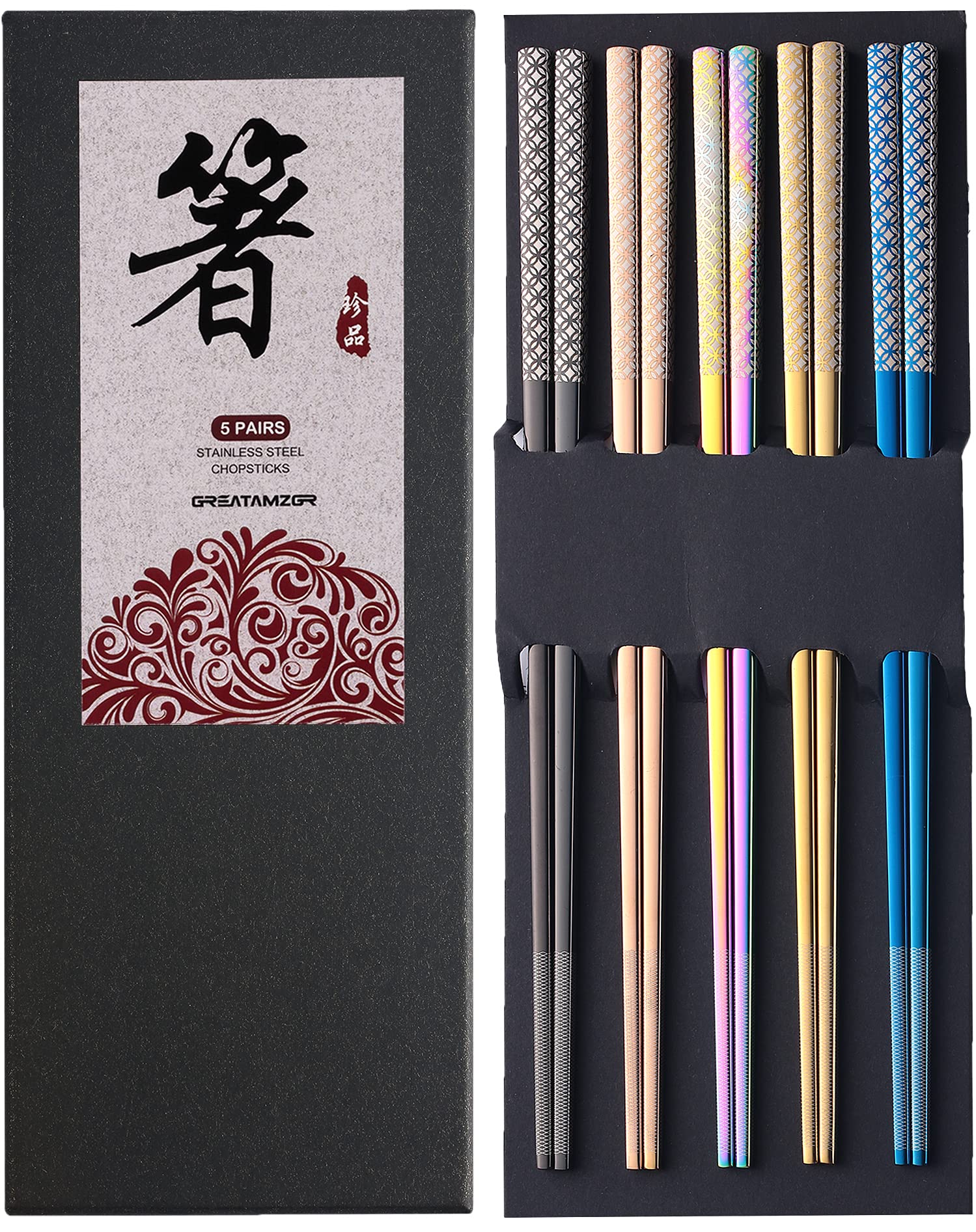 Greatamzor palillos metálicos multicolor con punta grabada y agarre seguro para arroz y fideos.