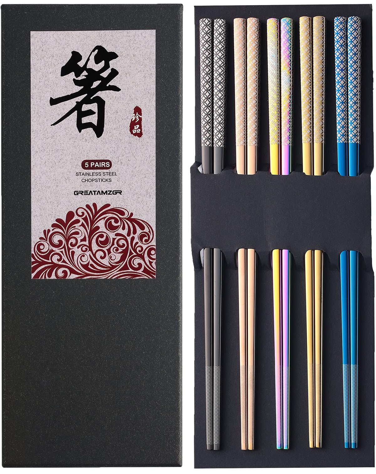 Greatamzor palillos metálicos multicolor con punta grabada y agarre seguro para arroz y fideos.