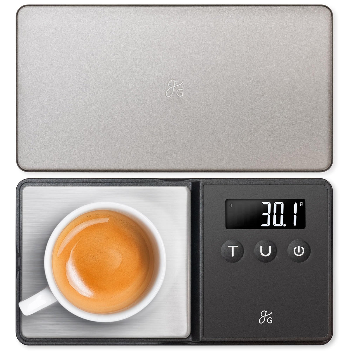 Greater Goods: balanza digital para espresso con acabado mate y lectura nítida para precisión.