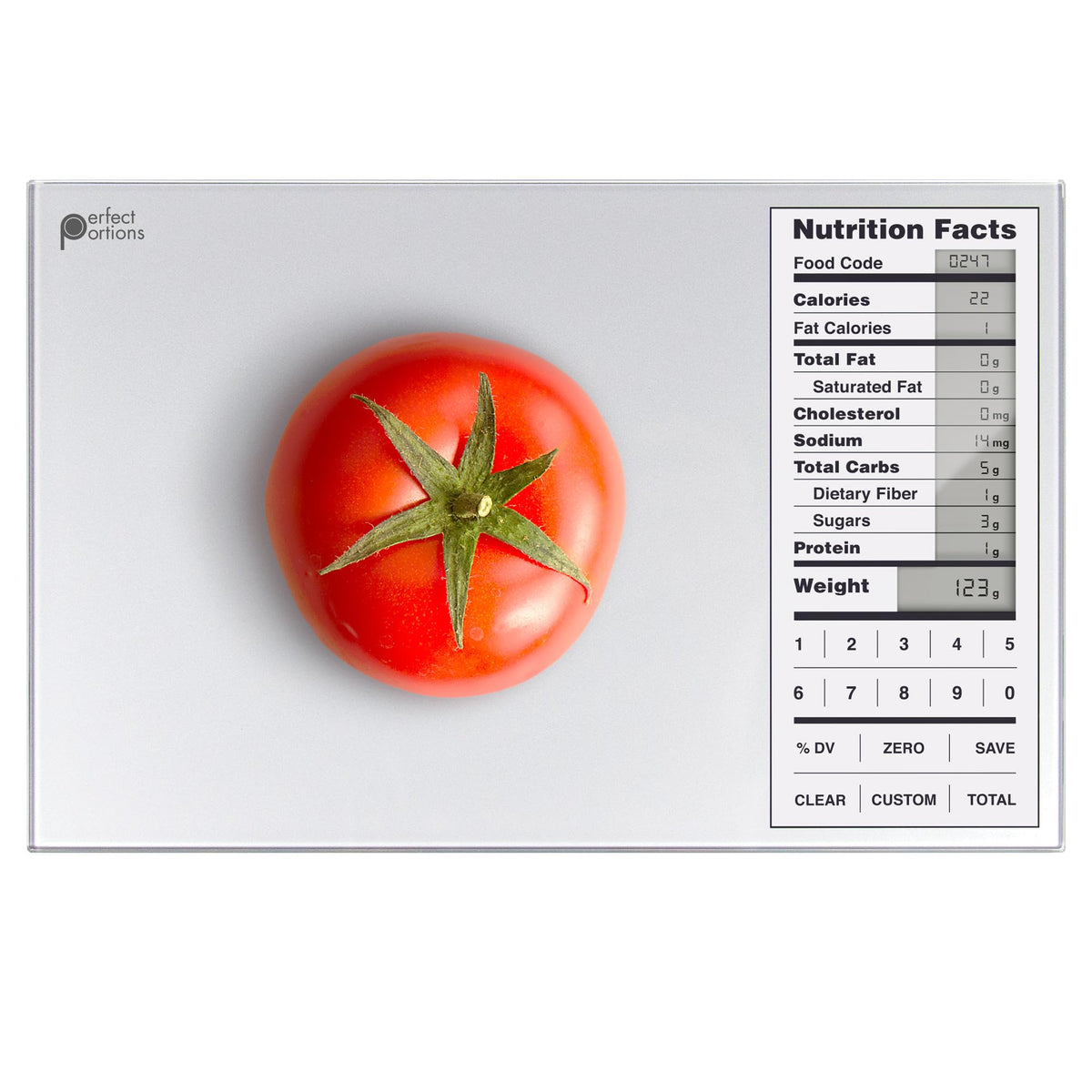 Greater Goods Balanza nutricion-alimentos muestra lecturas en gramos para porciones precisas.
