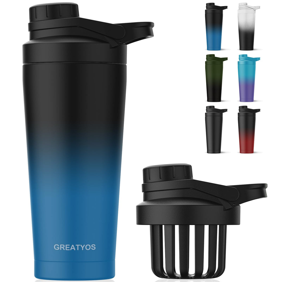 Greatyos botella shaker de acero inoxidable con diseño ergonómico y bloqueo antifugas.