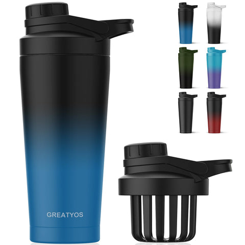 Greatyos botella shaker de acero inoxidable con diseño ergonómico y bloqueo antifugas.