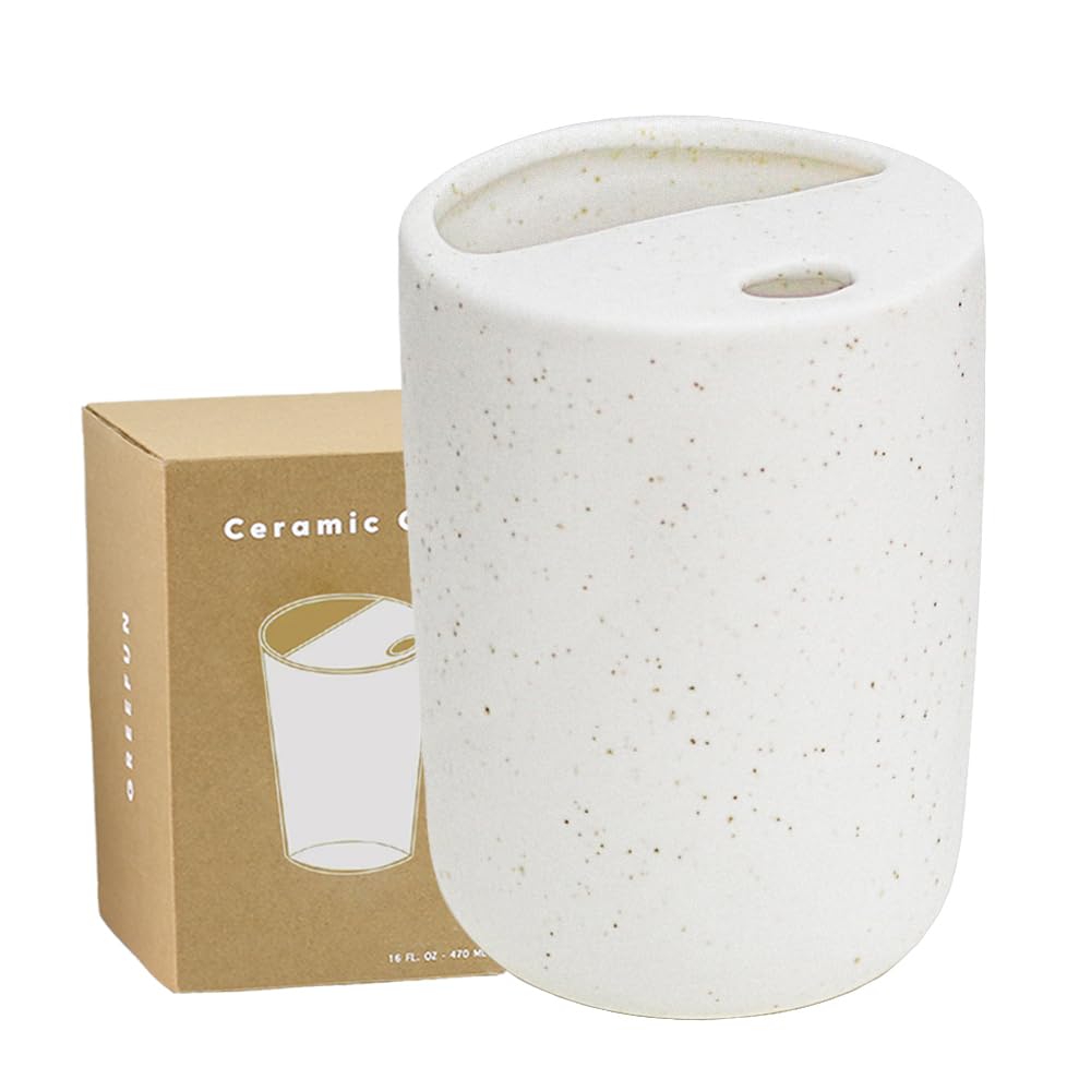 Taza cerámica Greefun 17oz con tapa media, ideal para llevar café.