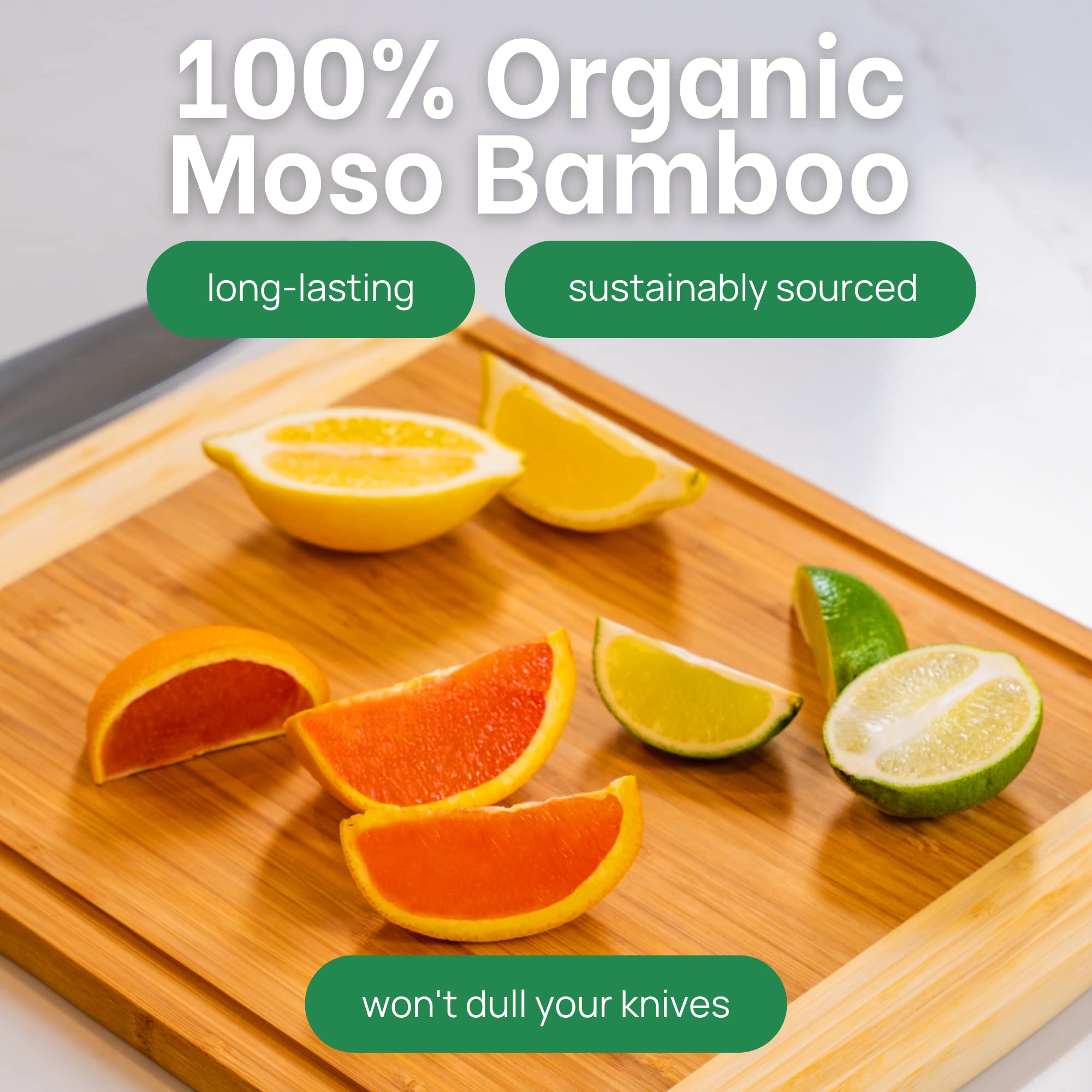 Greener Chef bambu-grano-vertical en tabla, mayor durabilidad para uso diario.