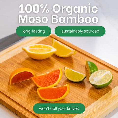 Greener Chef bambu-grano-vertical en tabla, mayor durabilidad para uso diario.