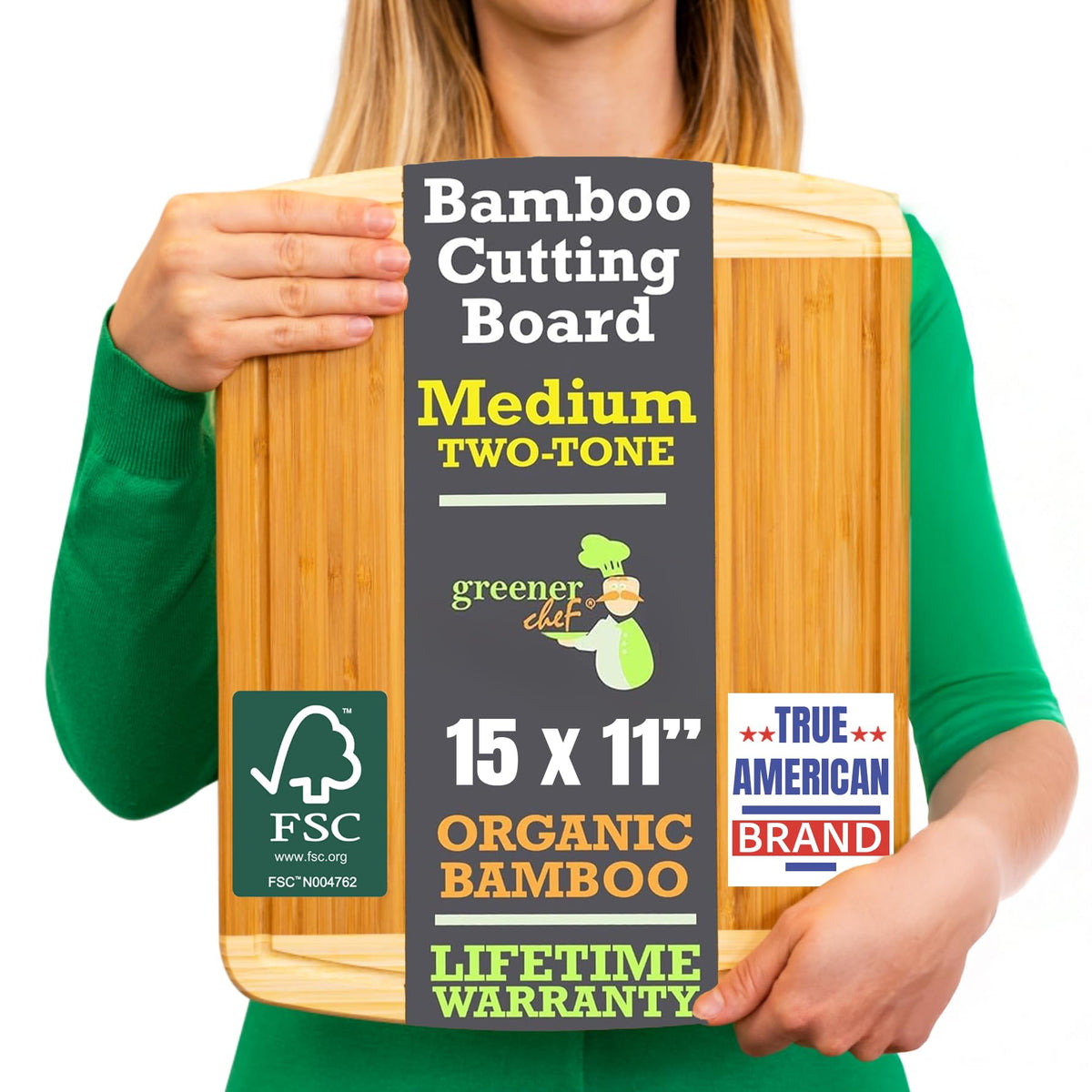 Greener Chef tabla-corte-media-bambu-dos-tonos, ideal para cortar y presentar alimentos.