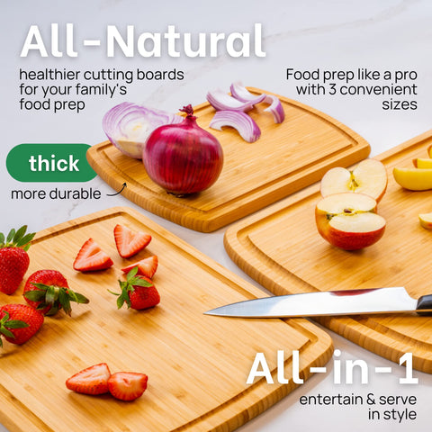 Tablas reversibles Greener Chef con surcos para jugos y limpieza fácil.