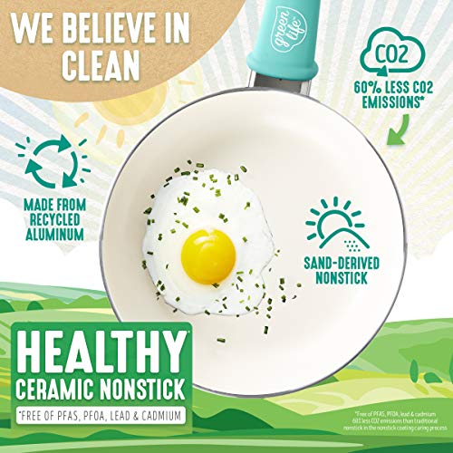 GreenLife con mango ergonómico: sartén turquesa de 7 pulgadas para cocción cómoda.