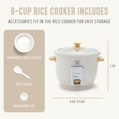 GreenLife olla arrocera muestra 6 tazas de arroz cocido para grandes comidas.