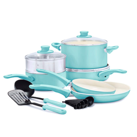 GreenLife con agarre suave: conjunto de ollas y sartenes turquesa para cocinar con comodidad.