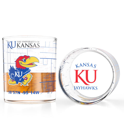 Vaso Greenline Goods Jayhawks con logo a color y mapa del campus para orgullo universitario.