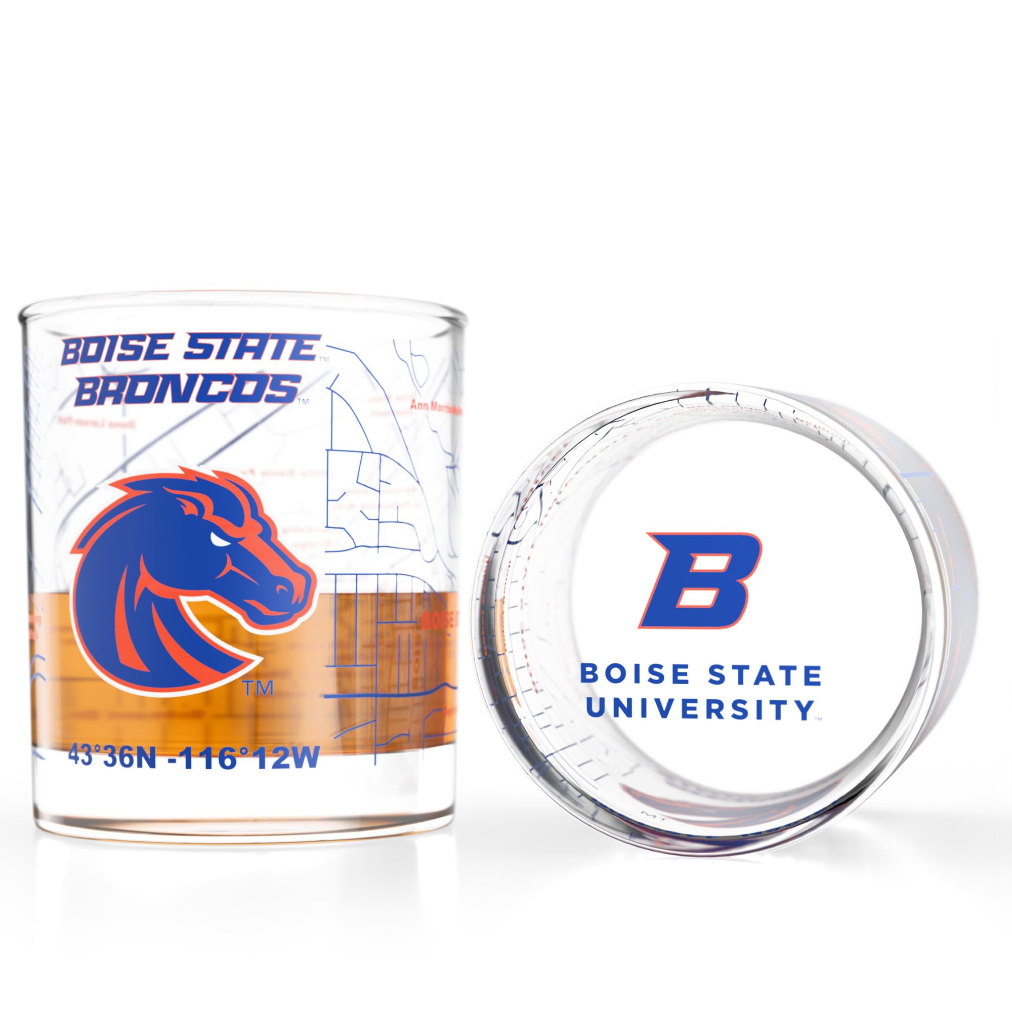 Vaso Greenline Goods con logo a color y mapa del campus Boise State