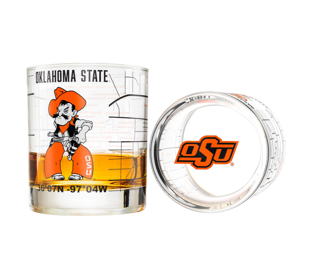 Greenline Goods: vaso whisky OSU Cowboys con logo y mapa del campus para nostalgia universitaria.