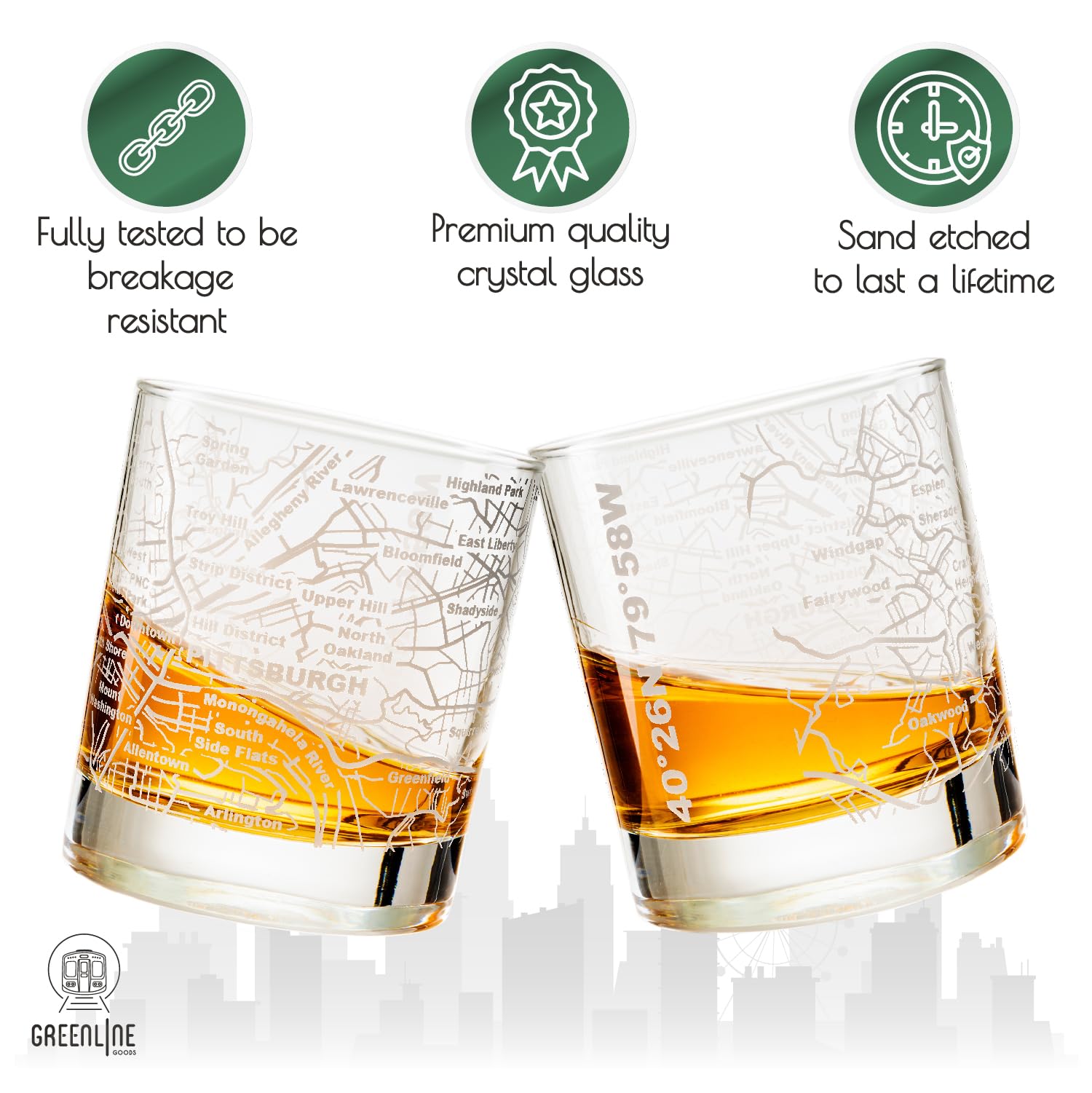 Vaso Greenline Goods con diseño urbano detallado, regalo único para fanáticos de Pittsburgh.