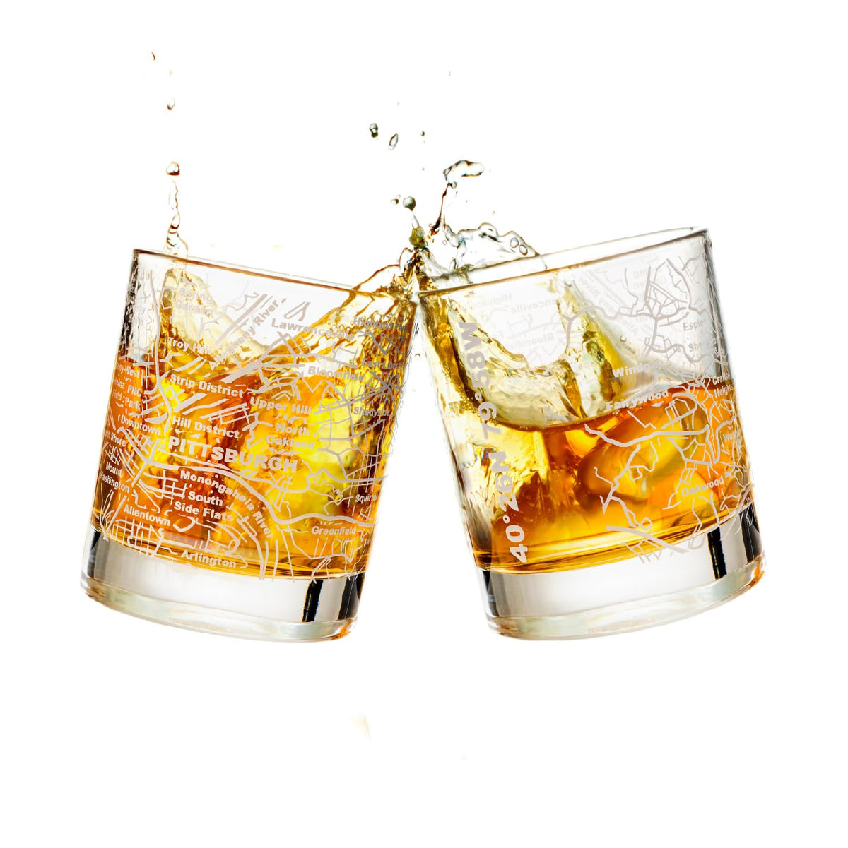 Vaso Greenline Goods con mapa de Pittsburgh grabado, ideal para degustaciones de whisky.