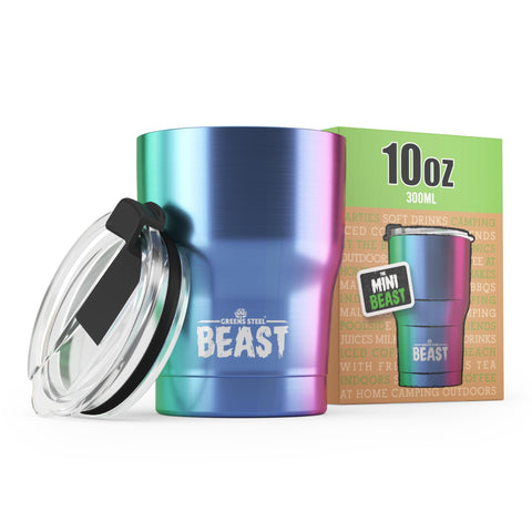Beast de Greens Steel, vaso térmico arcoíris frente, ideal para bebidas calientes o frías en movimiento.