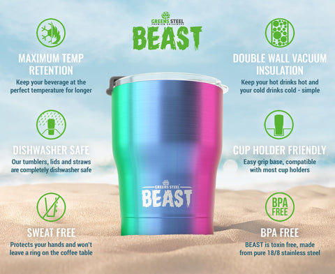 Beast de Greens Steel, vaso térmico arcoíris lateral, mantiene la temperatura durante todo el día.