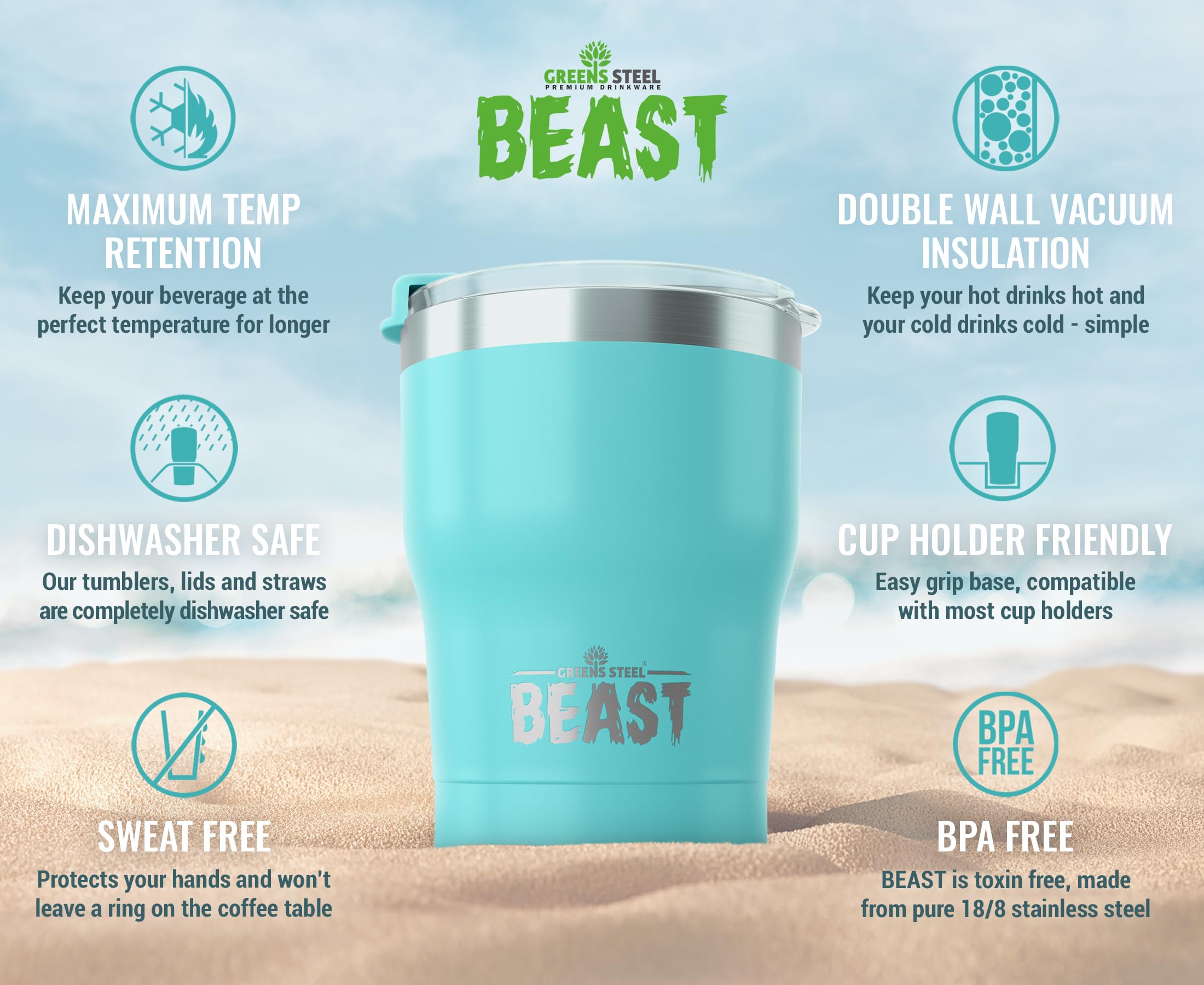 Greens Steel Beast, aislamiento doble pared mantiene bebidas frías o calientes por más tiempo