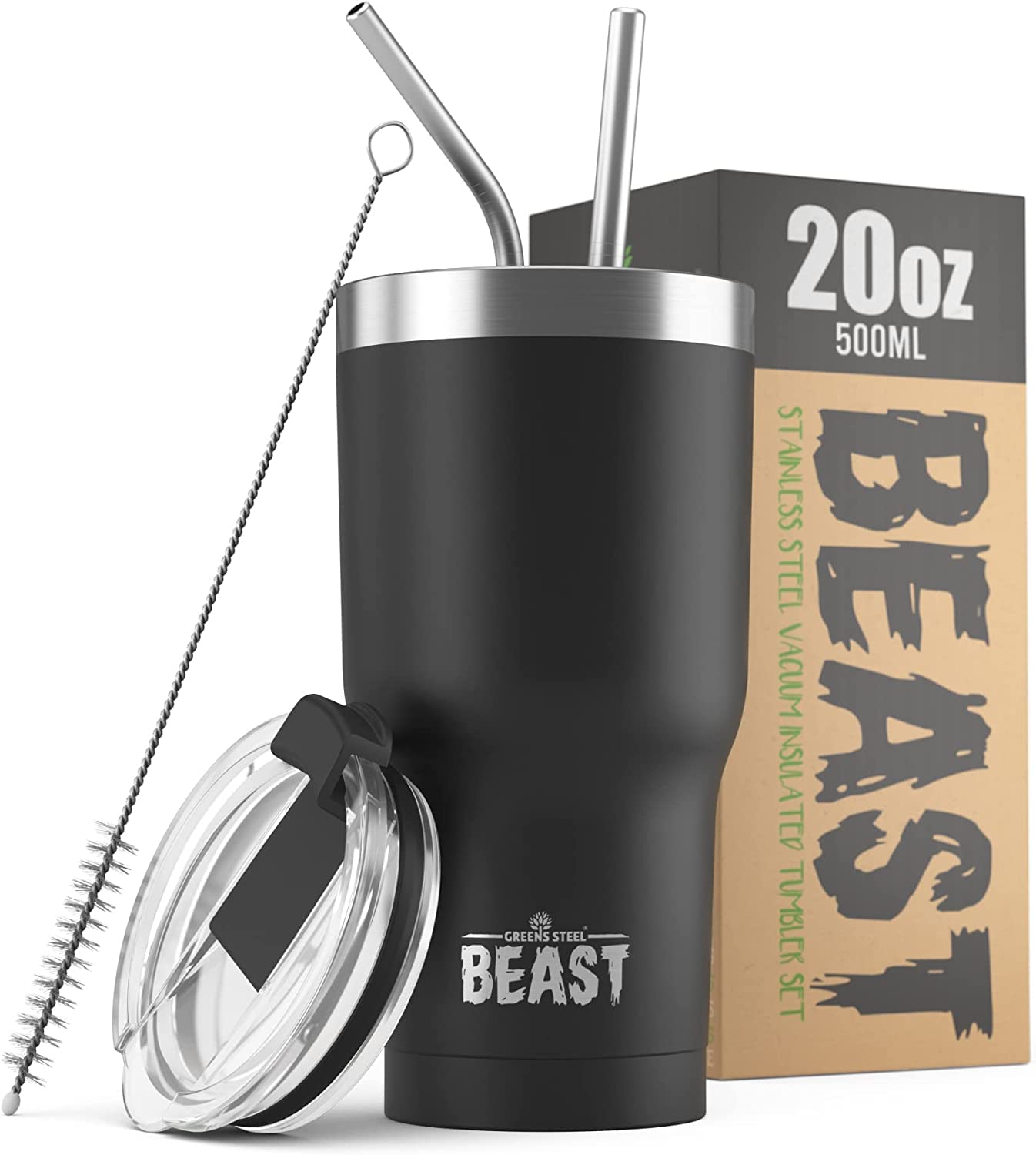 Greens Steel Beast, vaso 20oz negro mate, mantiene bebidas frías o calientes más tiempo