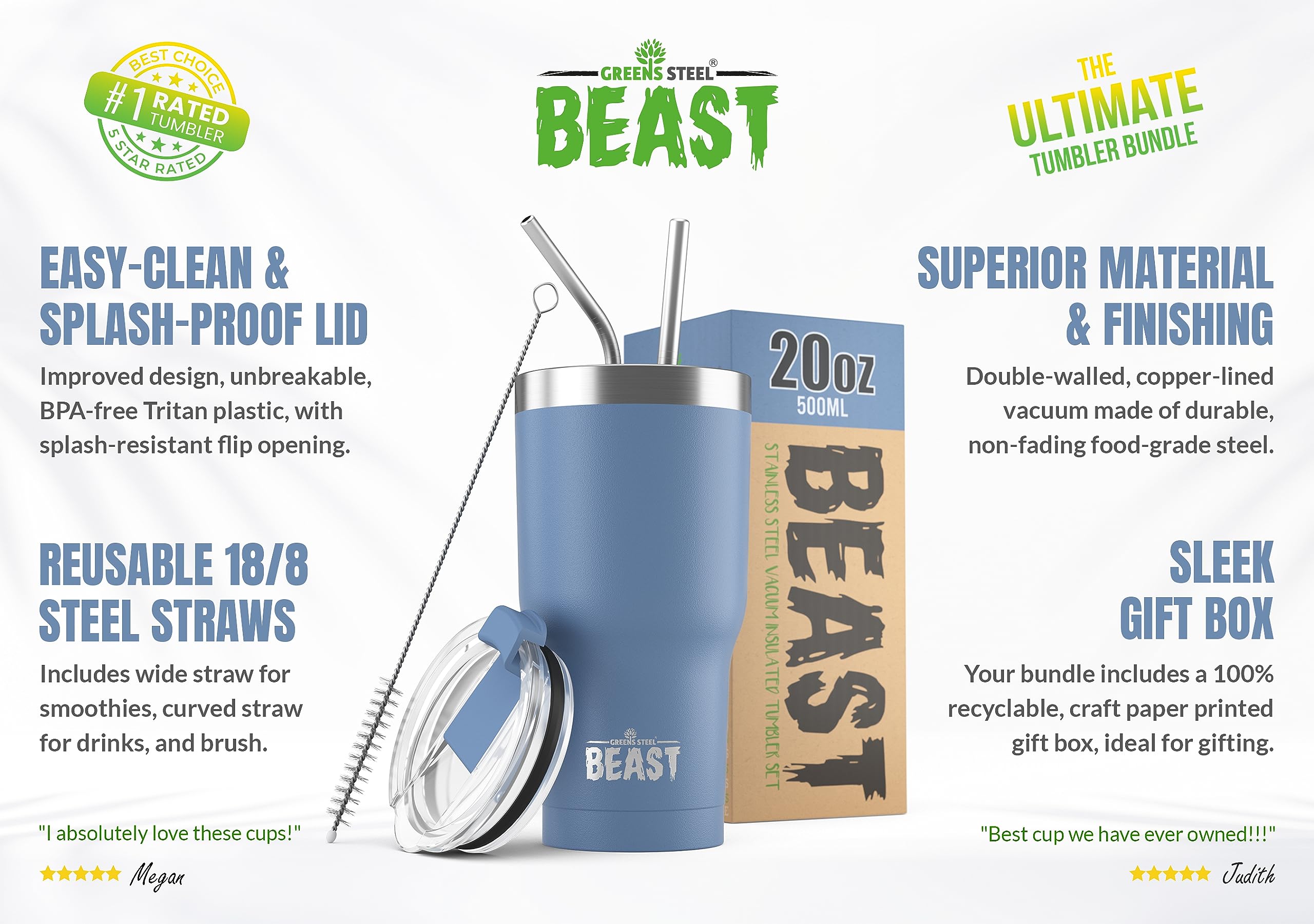 Greens Steel Bestia 20oz, aislamiento doble pared mantiene bebidas frias o calientes.