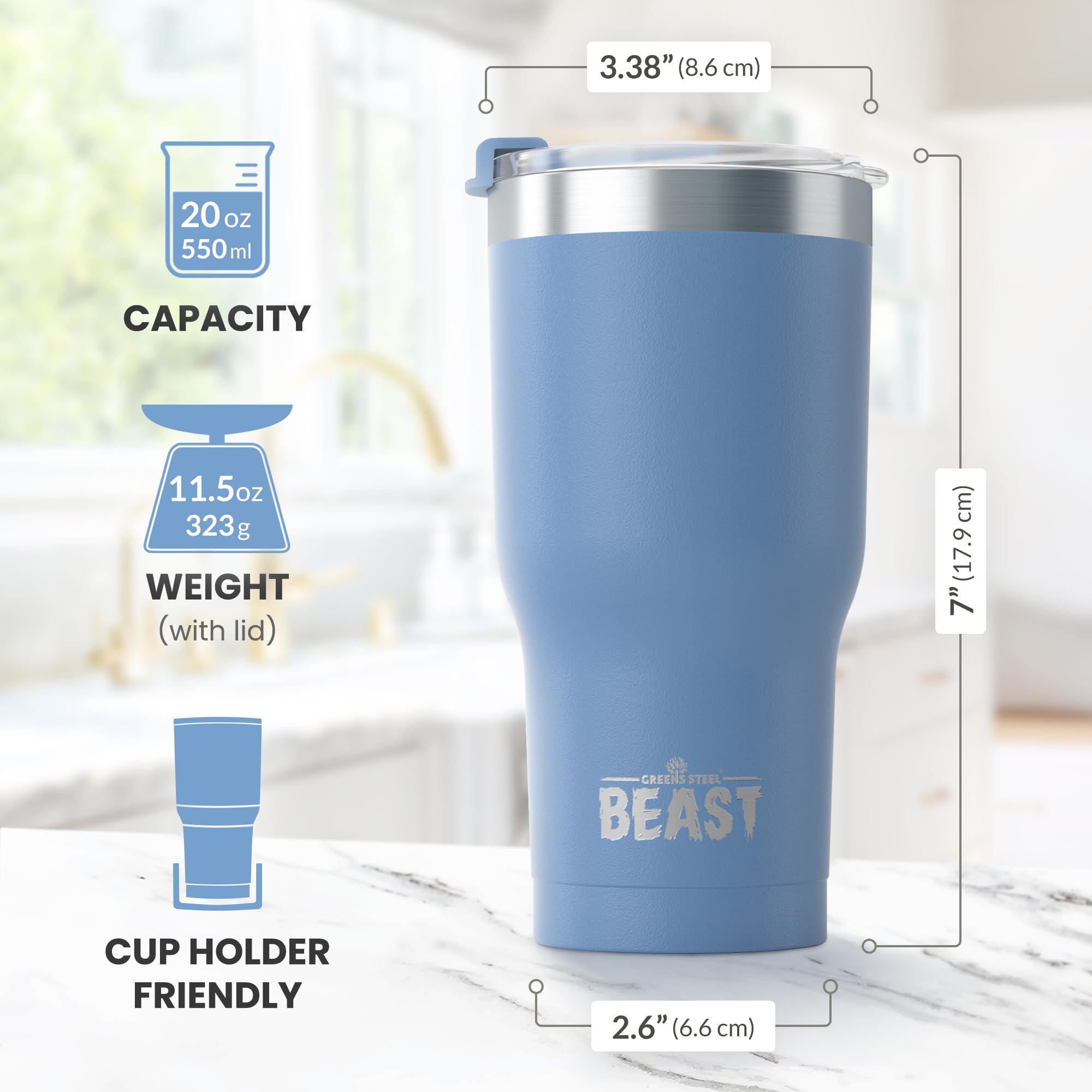 Greens Steel Bestia 20oz, estilo moderno en azul cielo tempestuoso para cualquier plan.