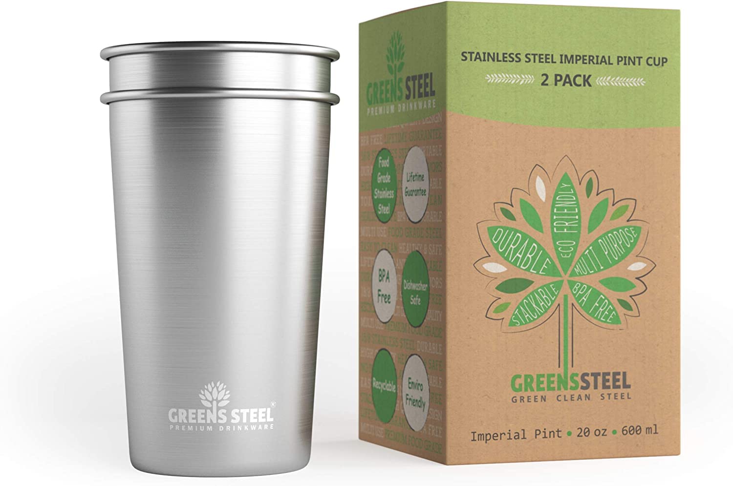 Vaso Greens Steel de acero inoxidable 20 oz con acabado exterior en polvo duradero.