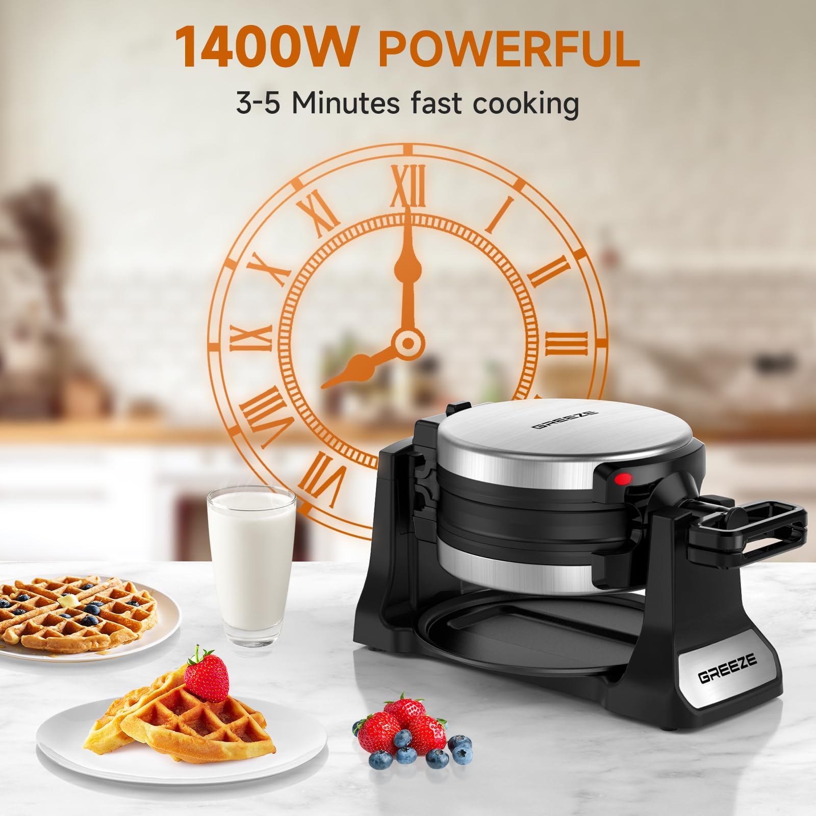 Greeze máquina para gofres belgas 1400W, cocción rápida para mañanas ocupadas.