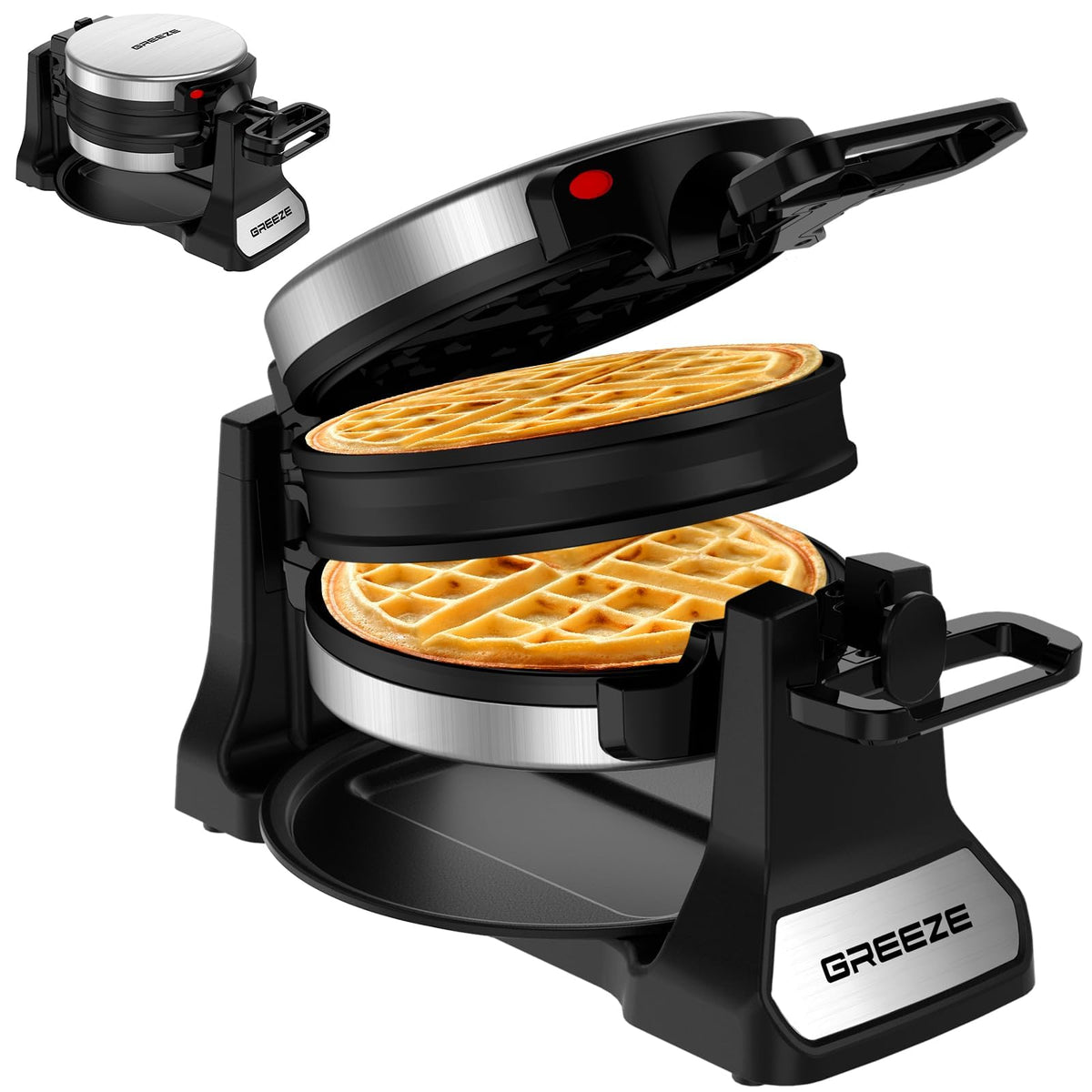 Greeze máquina para gofres belgas con giro de 180°, cocción uniforme y dorado perfecto.