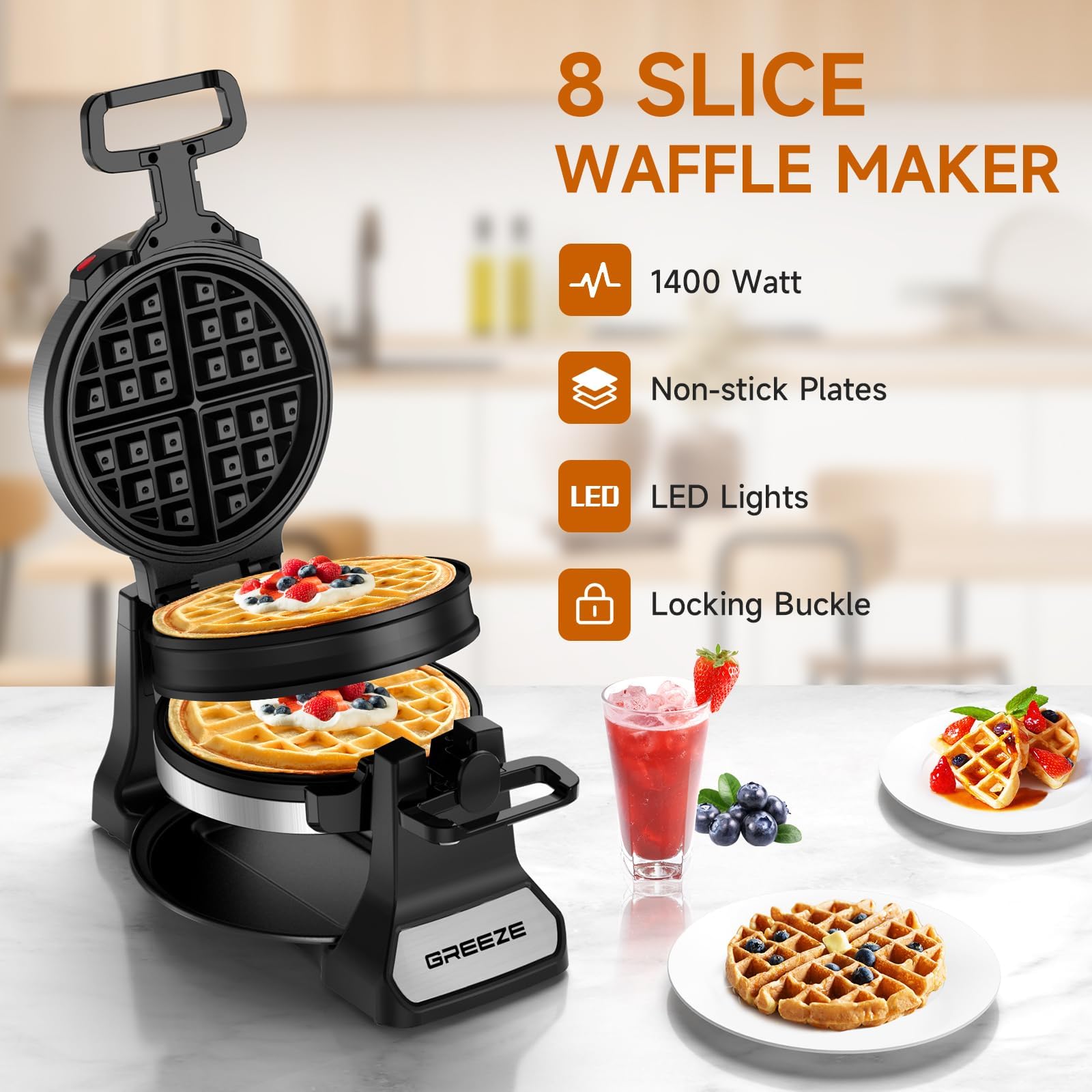 Greeze máquina para gofres belgas doble, permite 8 porciones para desayunos grandes.