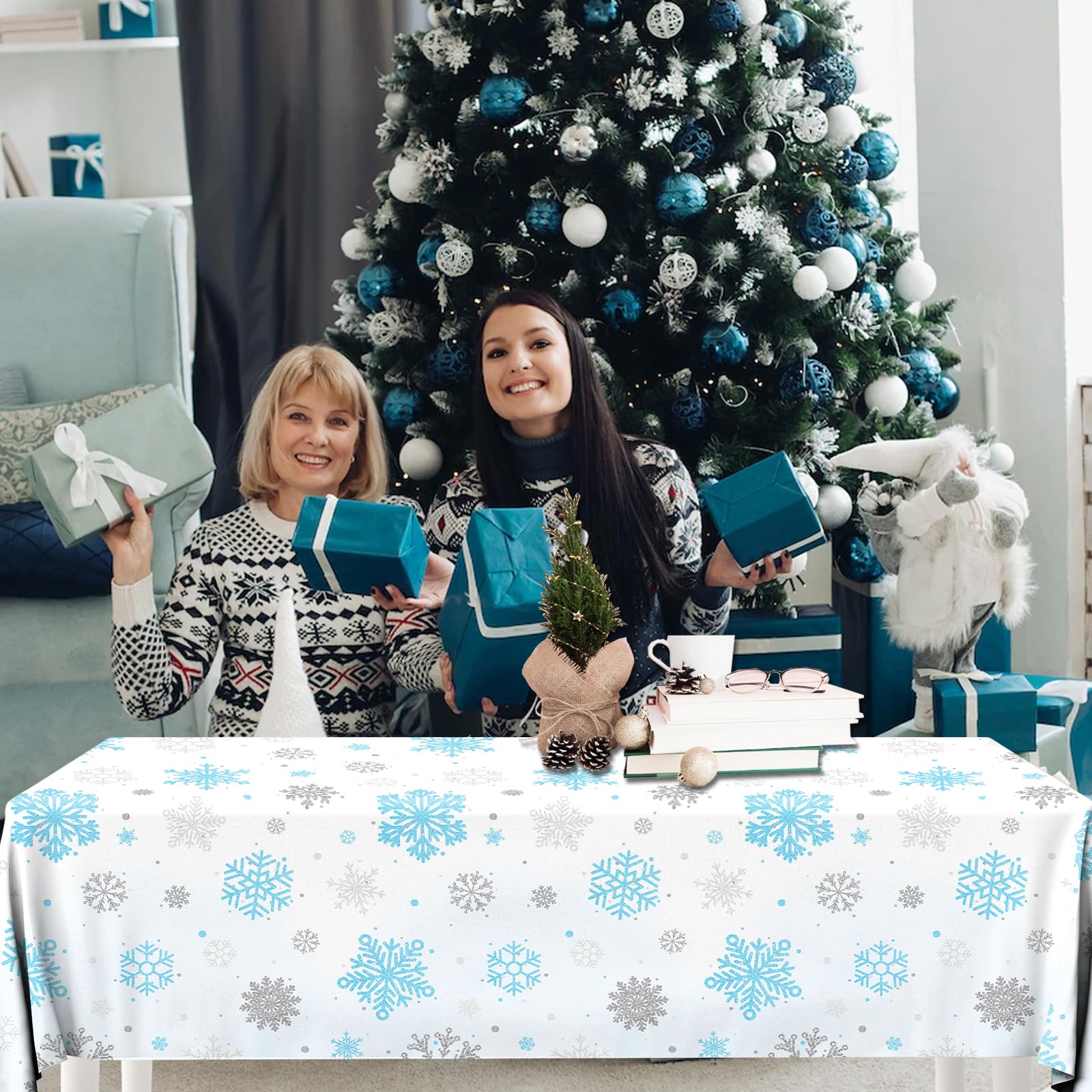 GREHUMOR mantel nieve azul, detalle copos de nieve para decoración de mesa.