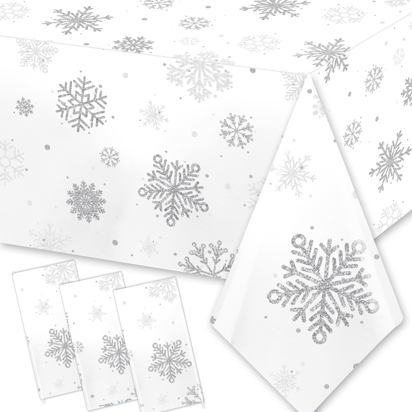 Mantel GREHUMOR nieve plateado, tres unidades, cobertura rápida para fiestas.