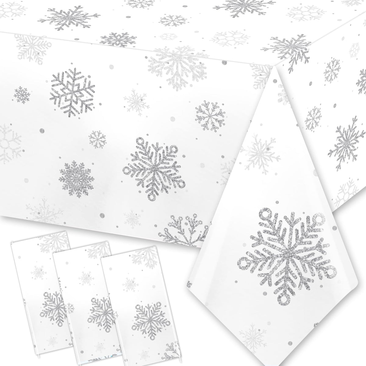 Mantel GREHUMOR nieve plateado, tres unidades, cobertura rápida para fiestas.