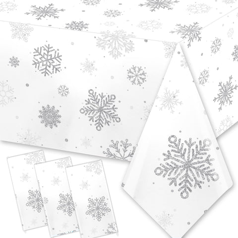 Mantel GREHUMOR nieve plateado, tres unidades, cobertura rápida para fiestas.