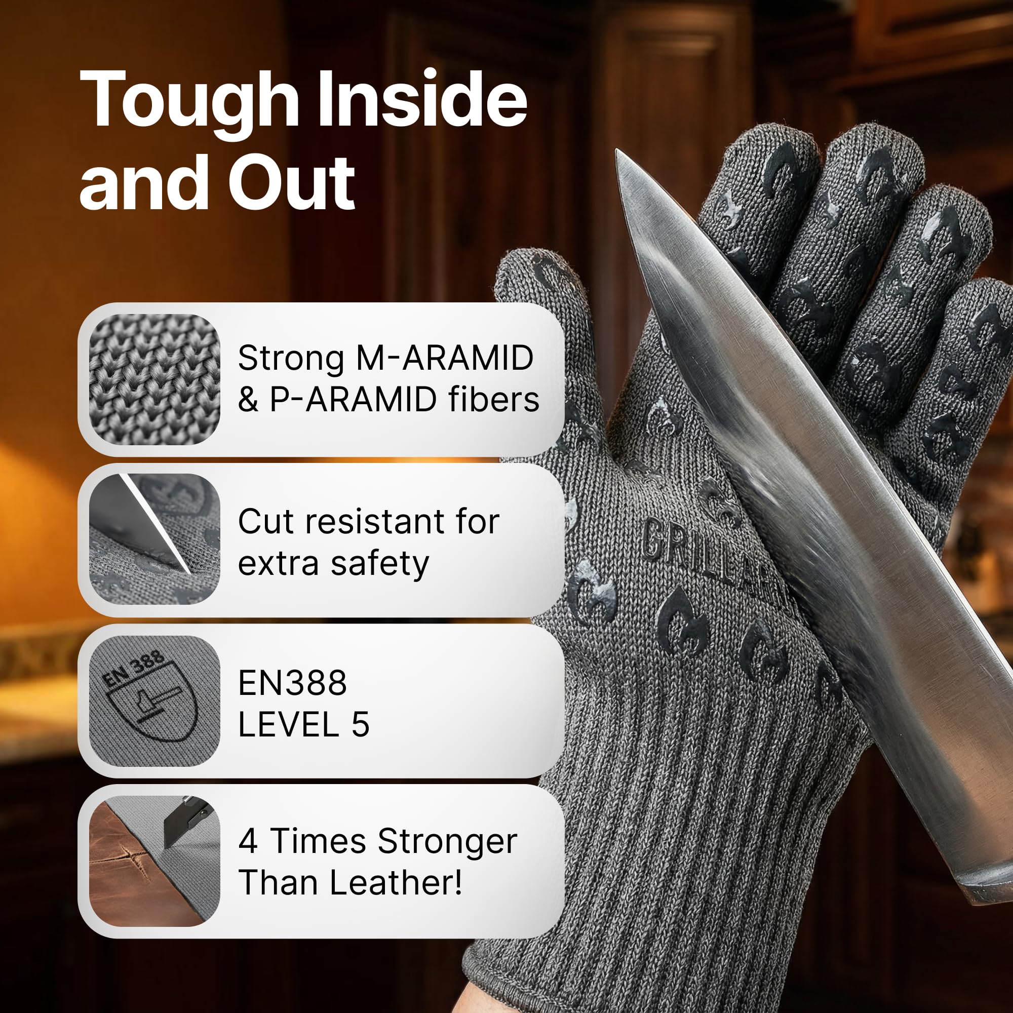 Guantes Grill Armor: mano sosteniendo sartén caliente, agarre firme para cocina segura.