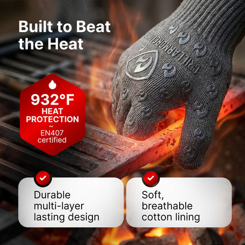 Guantes Grill Armor: tejido aramídico para durabilidad y resistencia al calor.