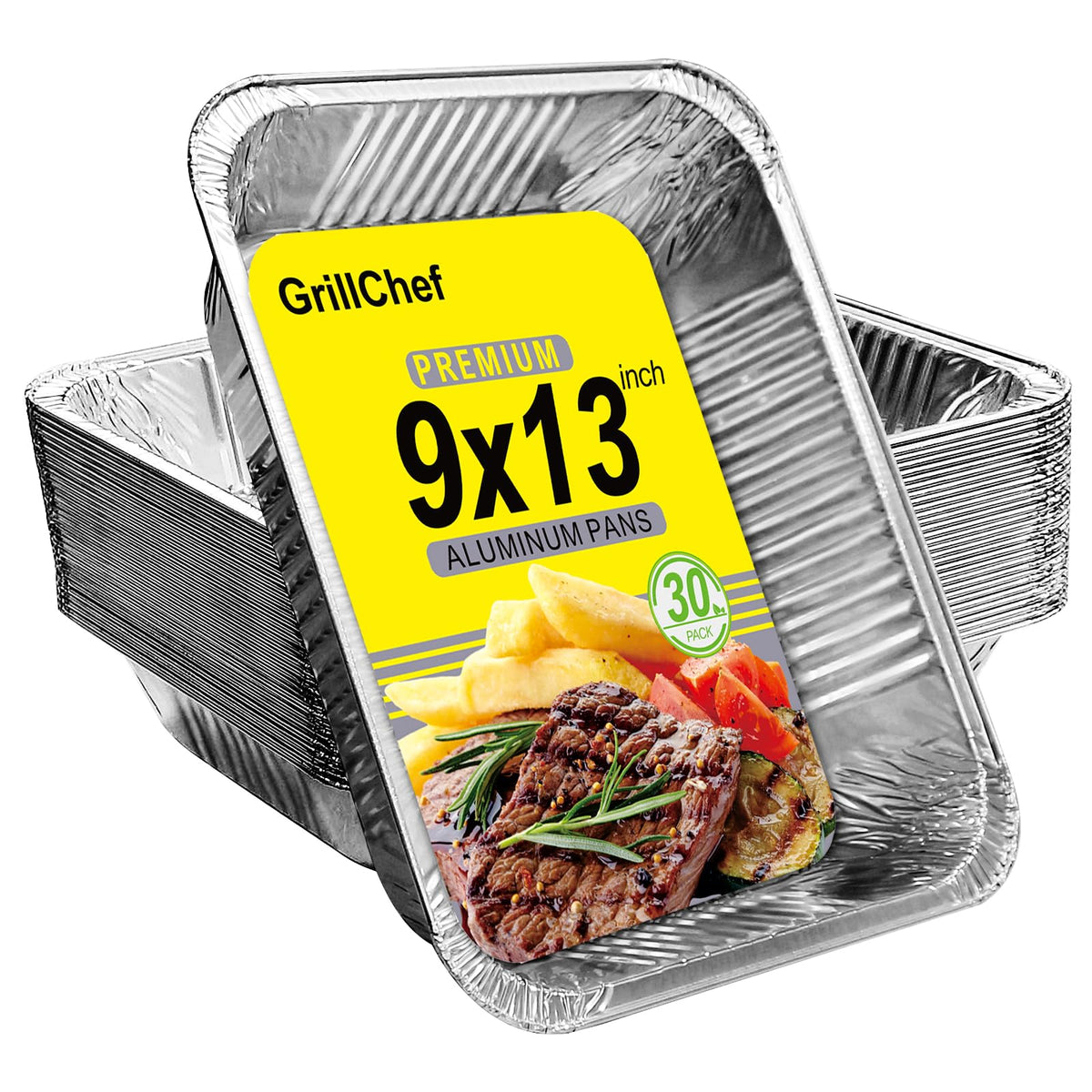 GrillChef bandejas de aluminio 9x13 para hornear y servir con limpieza rápida.