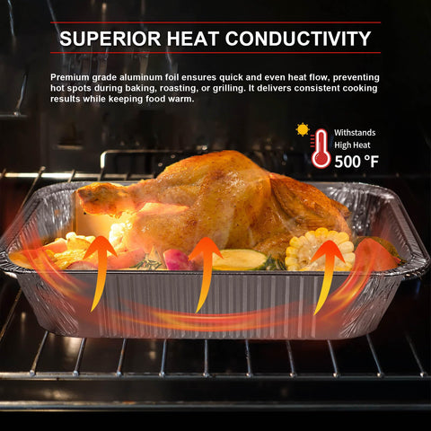 GrillChef bandejas aluminio compatibles con horno y estufa para calentamiento uniforme.