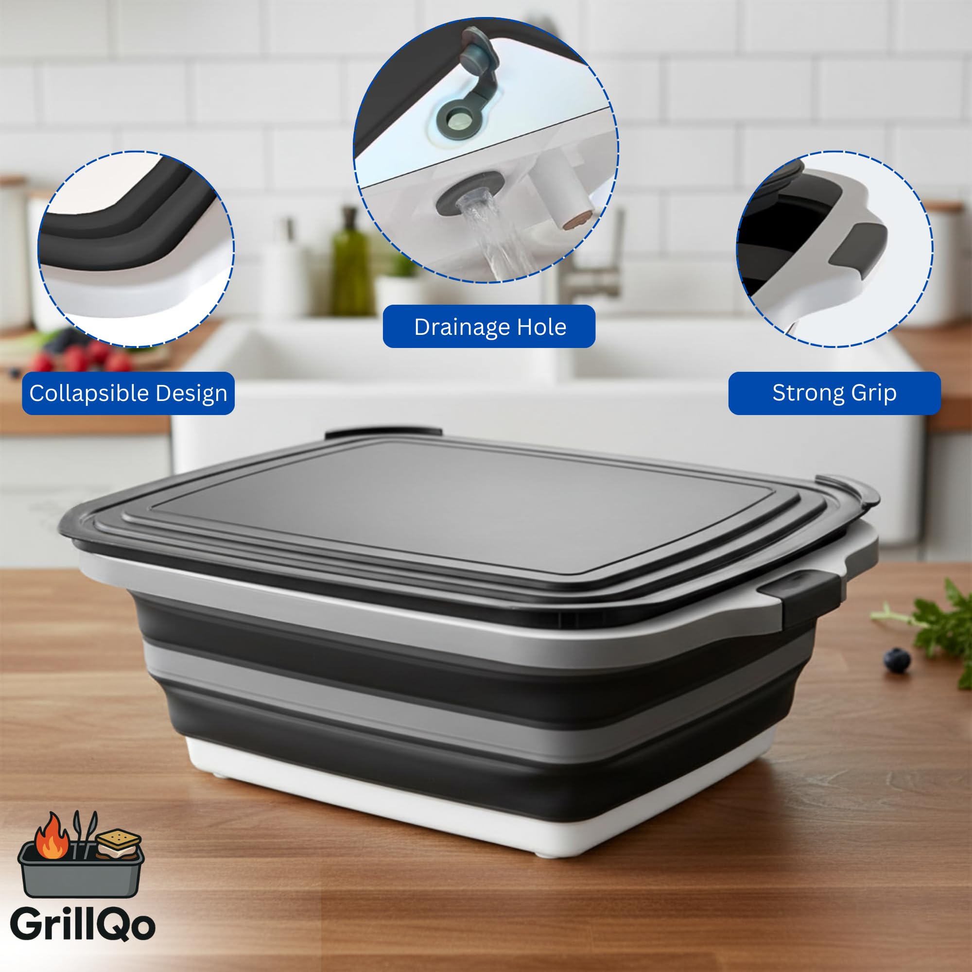 GrillQo recipiente de preparación con altura ajustable en tres niveles