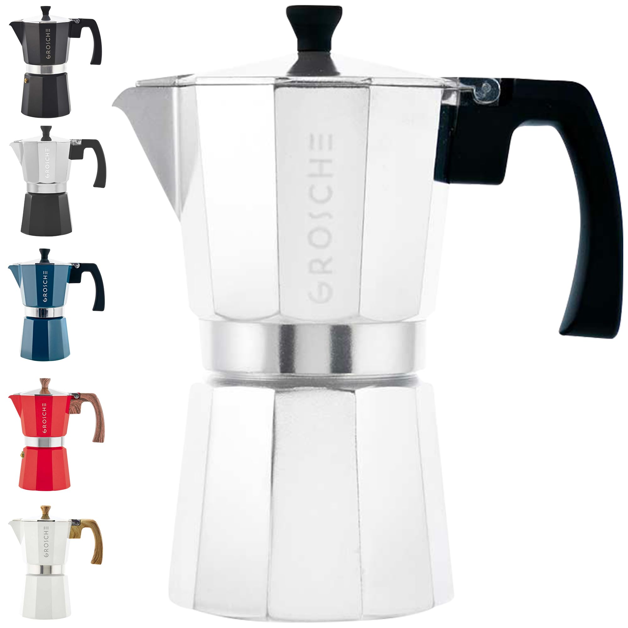 Cafetera moka GROSCHE Milano para estufa de 6 tazas, espresso intenso en casa.