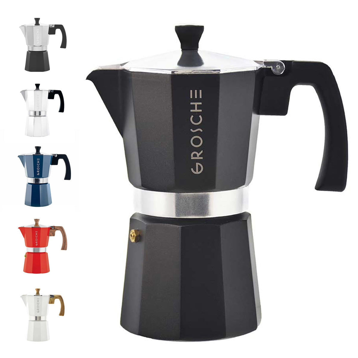 Cafetera GROSCHE Milano moka para estufa en negro, ideal para espresso en casa