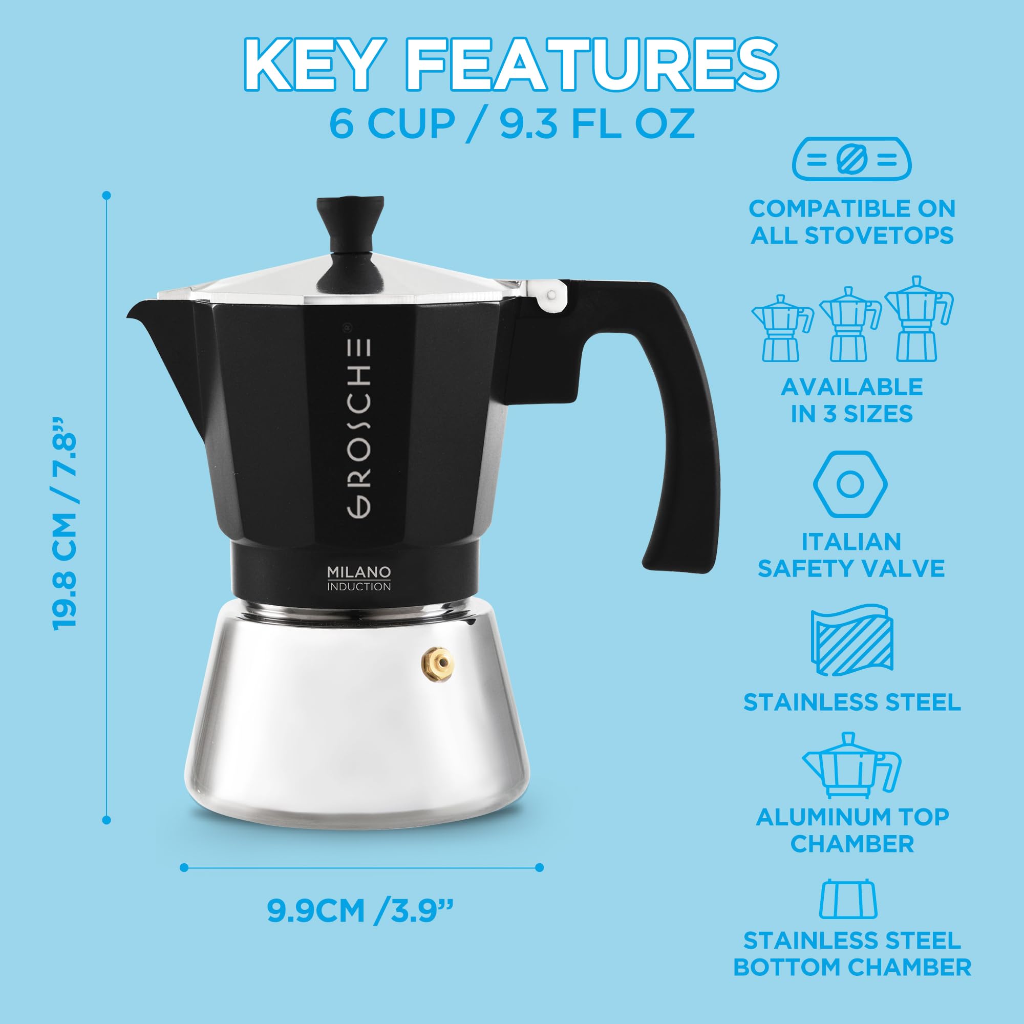 GROSCHE Milano inducción moka pot, lavado a mano recomendado para preservar rendimiento.
