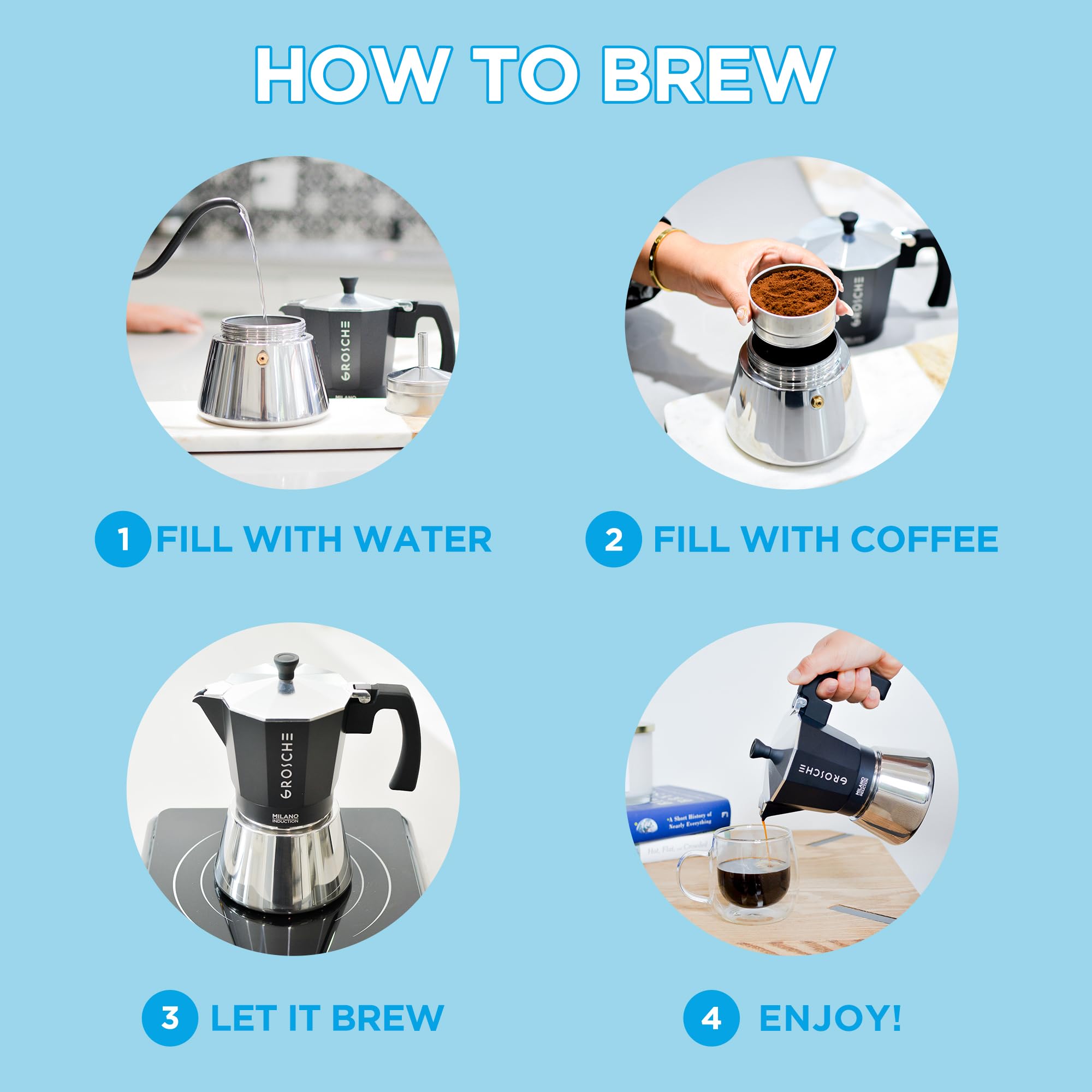 GROSCHE Milano inducción moka pot, vista lateral estable para cualquier cocina.