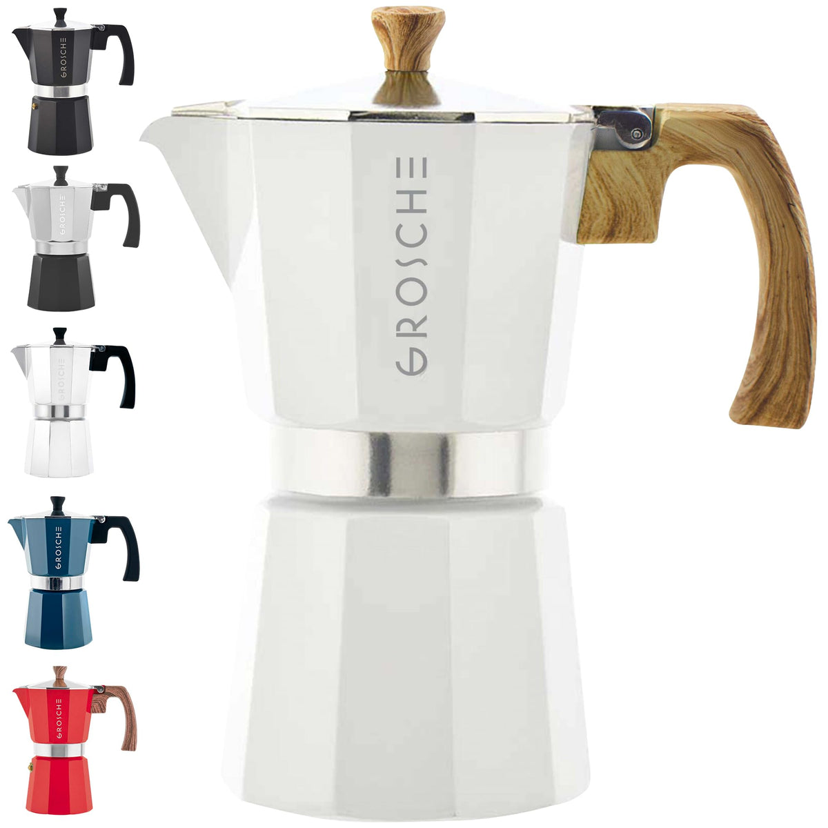 GROSCHE Milano Moka en estufa de 6 tazas, color blanco, café intenso en casa.