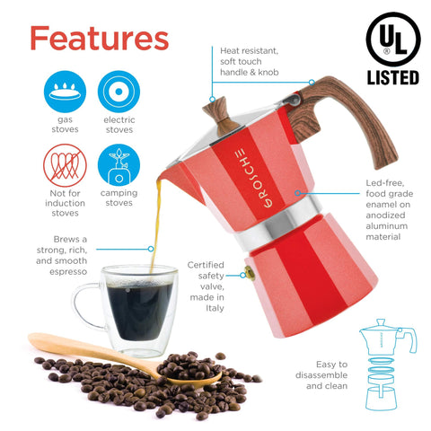 GROSCHE Milano 6 moka pot, asa ergonómica para manipular con seguridad