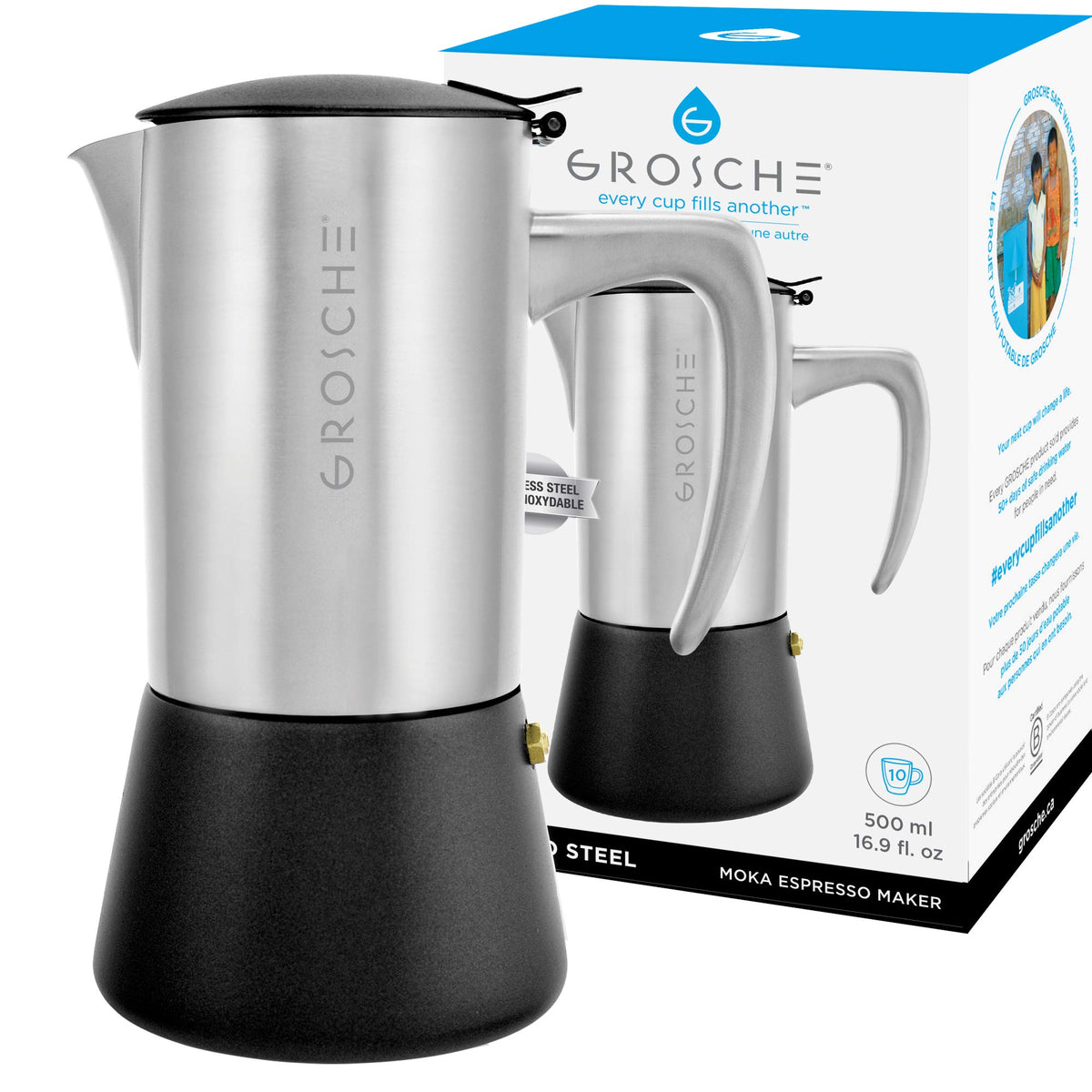 GROSCHE Milano Steel cafetera espresso de 10 tazas para desayunos en familia.