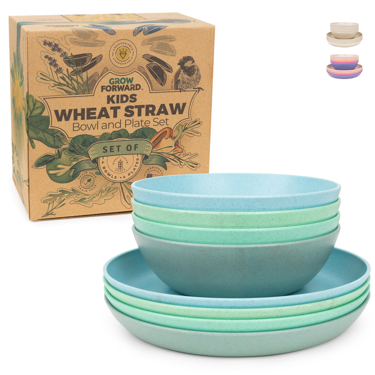 Grow Forward platos y tazones para niños, juego de 8 piezas, duraderos.