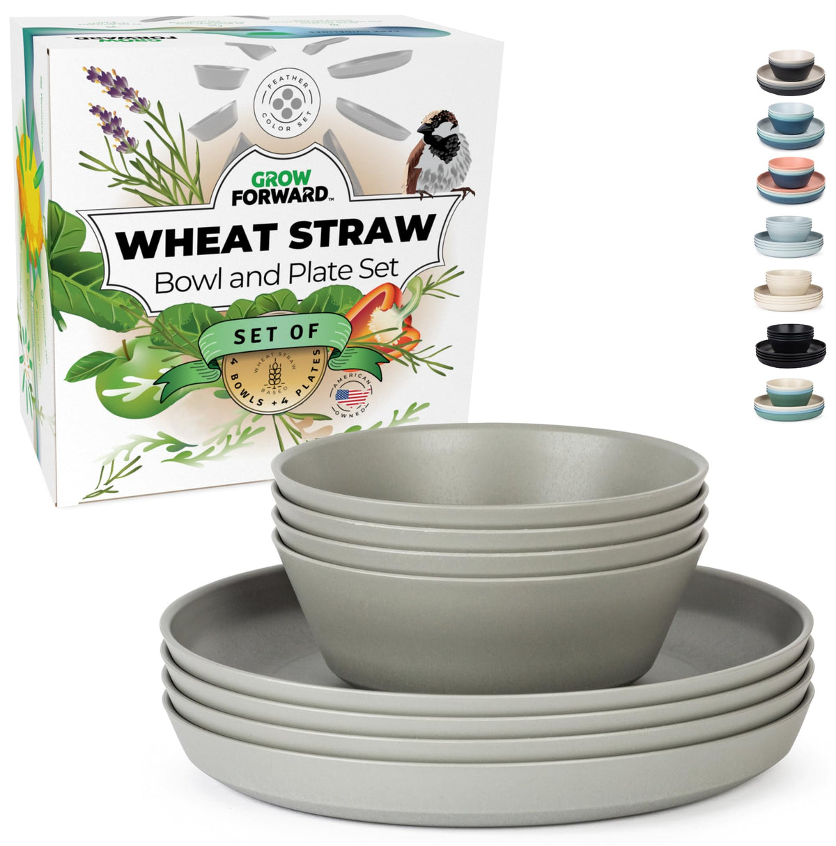 Grow Forward platos y cuencos de paja de trigo, conjunto de 8 piezas coloridas para exterior.